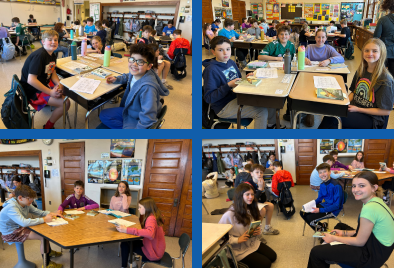  4 photos of small groups of students working together with books and notebooks